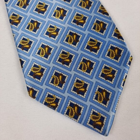 Scappino Italy Men'sTie 100% Silk Light Blue Gold Diamonds/Paisley Pattern - Picture 2 of 7